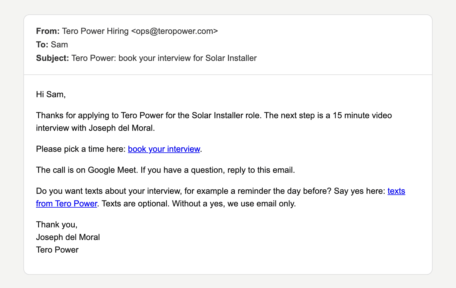 The Tero Power invite email. It says: Do you want texts about your interview, for example a reminder the day before? Say yes here: texts from Tero Power. Texts are optional. Without a yes, we use email only.