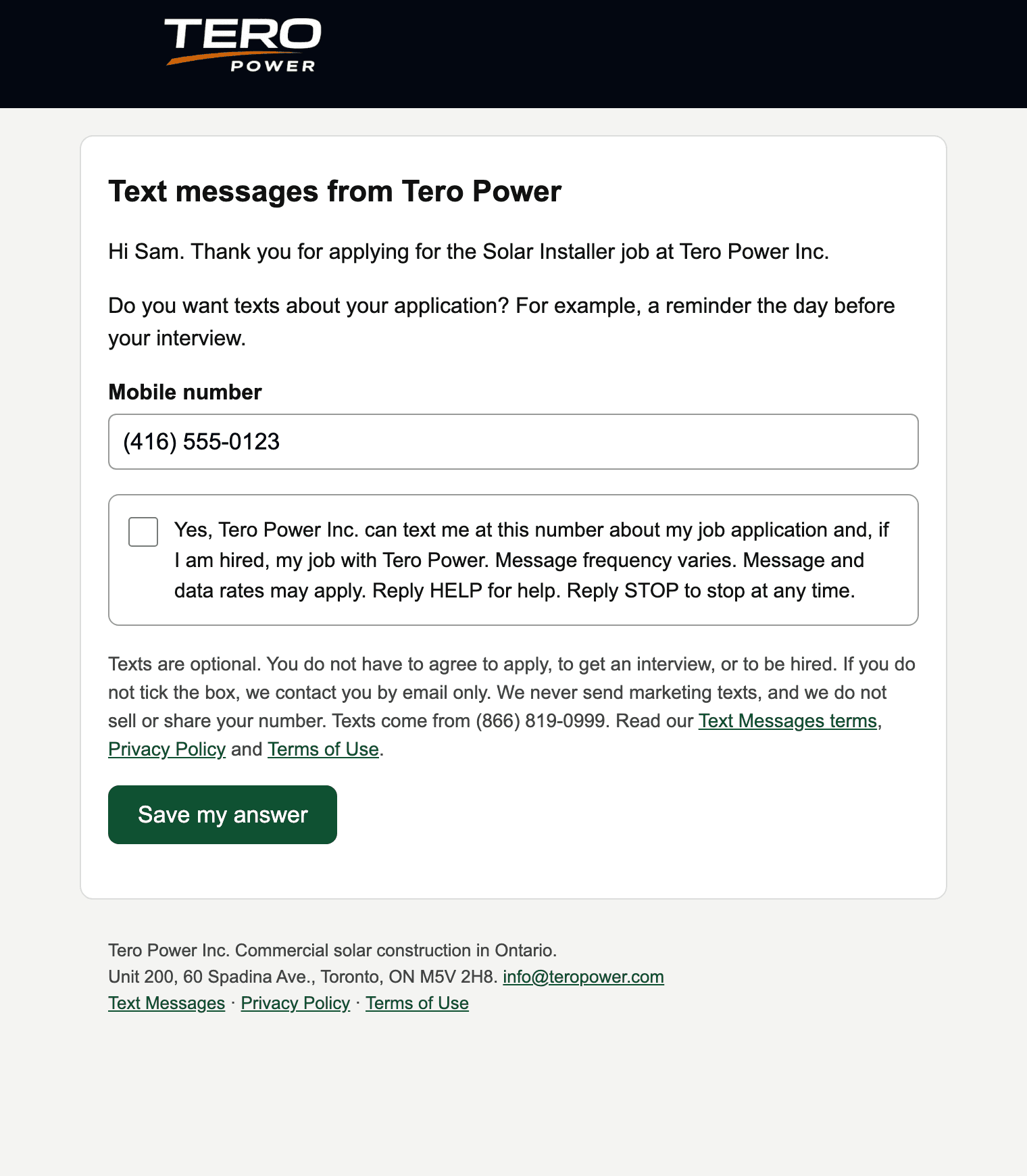 The Tero Power text consent page. Mobile number field, then an unticked box: Yes, Tero Power Inc. can text me at this number about my job application and, if I am hired, my job with Tero Power. Message frequency varies. Message and data rates may apply. Reply HELP for help. Reply STOP to stop at any time. Then a Save my answer button.